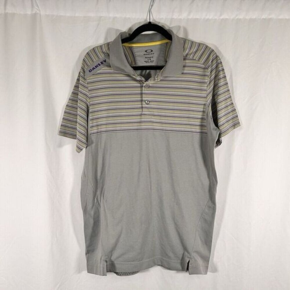 Oakley Polo Shirt Men's Large Grey Striped Short Sleeve 1/4 Button Regular Fit